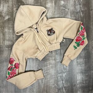 OWNYC Tan Embroidered Roses Hooded Cropped Zip-Up Sweatshirt 2 of 12